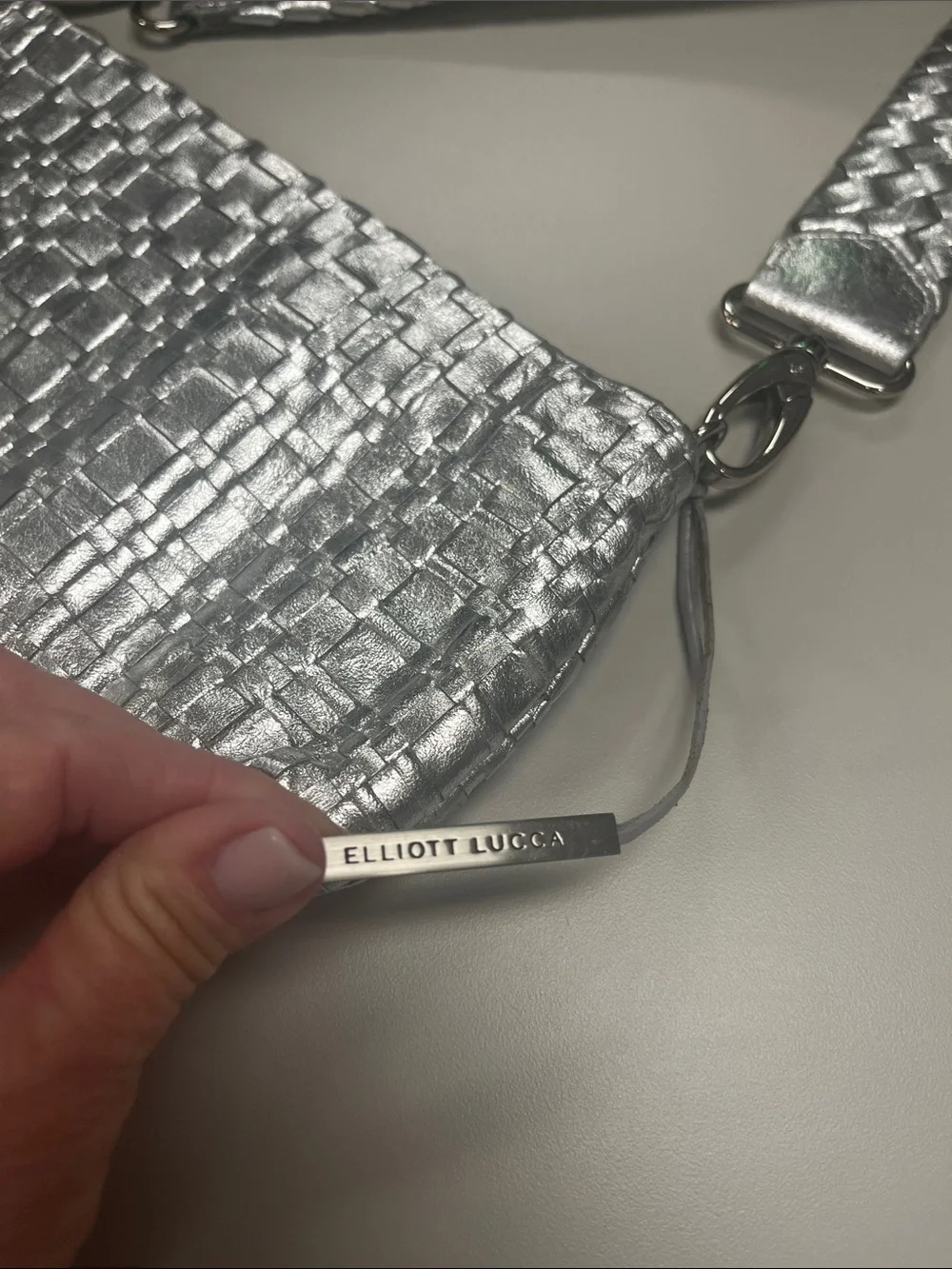 Elliott Lucca Silver Woven Metallic Clutch wTassel Removable Strap